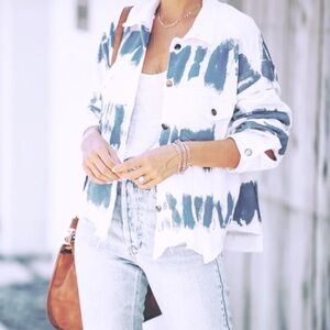 Vici Blue White Tie Dye Raw Hem Button Jacket